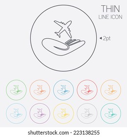 Flight trip insurance sign. Hand holds plane symbol. Travel insurance. Thin line circle web icons with outline. Vector