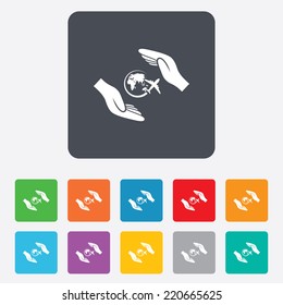 Flight trip insurance sign icon. Hands protect cover plane symbol. Travel insurance. Rounded squares 11 buttons. Vector