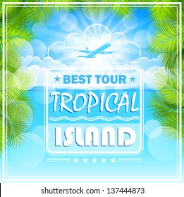 Vuelo a una isla tropical. Cartel, ilustración vectorial