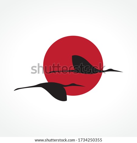 flight of two herons in front of red dun, vector 