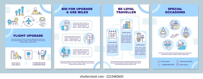 Flight Upgrade Blue Brochure Template. Business Class Airlines. Leaflet Design With Linear Icons. Editable 4 Vector Layouts For Presentation, Annual Reports. Arial-Black, Myriad Pro-Regular Fonts Used