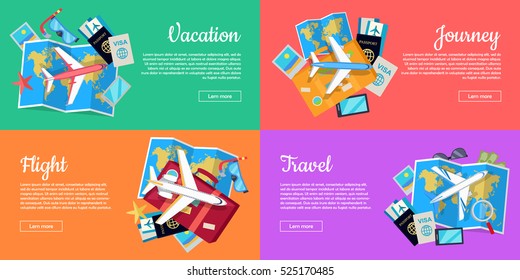 Flight, vacation, journey, travel web banners set. Aircraft, luggage, map, tickets, passport, diving mask, starfish flat vector illustrations. For travel agency, airline company landing page design