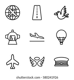 flight vector icons. Set of 9 flight outline icons such as plane, runway, plane landing, airport, wings, luggage compartment in airplane, love bird