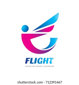Flight - vector logo template concept illustration. Abstract human character creative sign. Flight person with wing. Design element. 