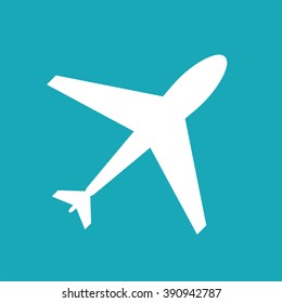 Flight web icon. Airplane symbol, plane. Airport sign, white airplane shape on blue background. Flat flight symbol. Travel icon, shape, label, symbol. Graphic design element for logo, web and print