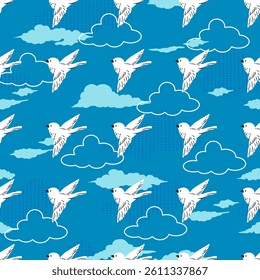 Flight White Feathered Shadows in Blue Sunny Sky Pattern can be use for background and apparel design