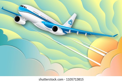 The flight of a white passenger liner. The turquoise sky, the bright sun and colorful cumulus clouds. The effect of cut paper. 3d illustration. Fashionable color gradients. Textured surface. Travel.