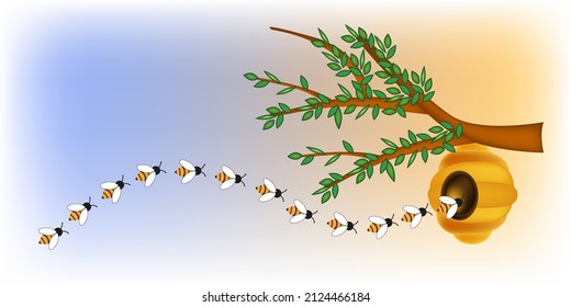 Flight of wild bees, swarm, honey collection, summer apiary. Beehive on a tree branch. The life of insects and the surrounding nature. Wasps near the hive. Way back home. Vector illustration
