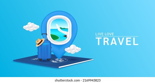 Ventana de vuelo con pin de localización, nube y azul maleta en el pasaporte. Diseño de pancartas de viajes. Pueden por hacer medios publicitarios sobre turismo. Concepto de transporte de viajes. Ilustración EPS10 del vector 3D.