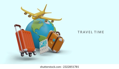 Flights to another end of world. Comfortable modern way to travel. 3D illustration in plasticine style on blue background. Advertising template for poster, banner, flyer