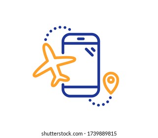 Enciende el icono de la línea de aplicación. Signo de la aplicación del teléfono del avión. Símbolo de información del aeropuerto. Concepto colorido del contorno de línea delgada. Icono de aplicación de vuelos de estilo lineal. Trazo editable. Vector