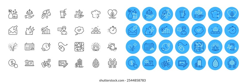 Paquete de iconos de línea de edificios de vuelos, charla de persona y rascacielos. Tipo de euro, gráfico de calendario, icono de Web de entrega de alimentos. Trabajos en equipo, gasolinera, pictograma de fuegos artificiales. Vector