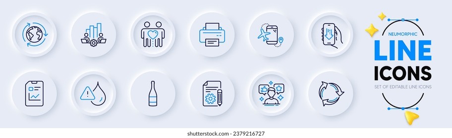 Flights application, Report document and Social media line icons for web app. Pack of Documentation, Download app, Waterproof pictogram icons. Printer, Teamwork chart, Recycle signs. Vector