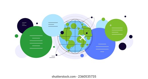 Flights around globe. Banner, chart with rounds and places for text. Infographic element. Vector file.
