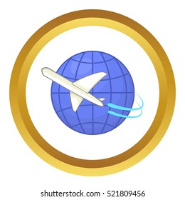 Flights around the world vector icon in golden circle, cartoon style isolated on white background