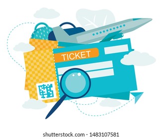 Flights Check in. Booking Service. Buy Ticket with QR Code via Internet. Registration Online. Cartoon Airplane. Flat Boarding Pass to Travel on Plane. Cashless Money Transaction. Vector Illustration