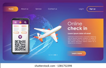 Flights check in web banner. Booking flights travel. Buy ticket online. Online registration. Flat vector illustration isolated on blue background. UI/UX user interface. UI/UX/GUI user interface. 
