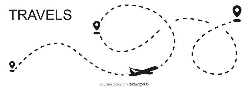 Flights with a dotted line from the starting point and along the trajectory to the end. The route of the aircraft is dotted. EPS 10.