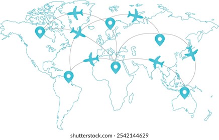 voos e localização marcados no mapa mundial | folheto com mapa do mundo