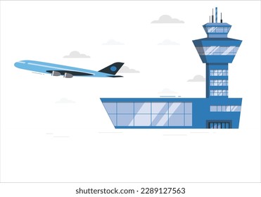 Flights management air control tower and passenger terminal in International airport with flying plane in clear sky. Flights management air control tower and passenger terminal in Munich international