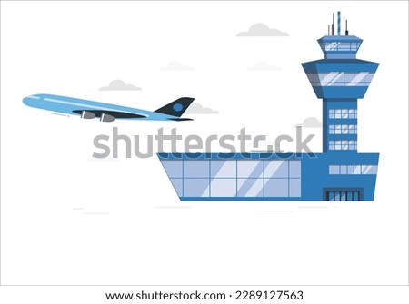 Flights management air control tower and passenger terminal in International airport with flying plane in clear sky. Flights management air control tower and passenger terminal in Munich international