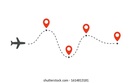 flights map to destinations, several transfers at airports, simple vector infographics for tracking, isolated element on white background.