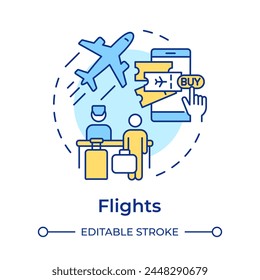 Flights multi color concept icon. Travel service. Online booking. Buy tickets. Flight reservation. Round shape line illustration. Abstract idea. Graphic design. Easy to use in application