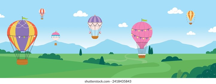 Flights on hot air balloons. Cartoon nature landscape with valley and base stop for travel on hot air balloons. Outdoor adventures, vector scene