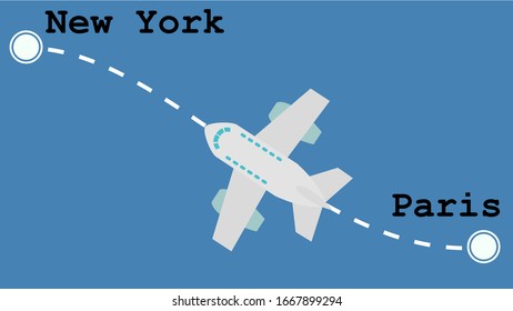 Flights from Paris to New York. Air route card. Vector image with visualisation of air lines. Motives of voyages, business, communication, tourism