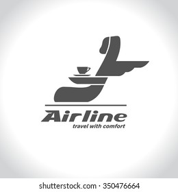 Flights. Passenger aviation. Vector airline logo with a picture of the passenger seat and a Cup of coffee. Slogan Fly in comfort.