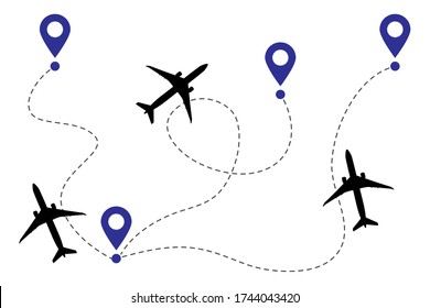 Flights renewal concept. Airplane line path vector icons set of air plane flight routes. Aircraft clip art icons with route pathes track in black blue white. Airplanes simple vector illustration.