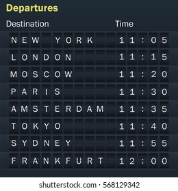 Flights scoreboard mockup with cities. Scoreboard airport. Destination information display board. Display schedules with cities. Vector illustration 