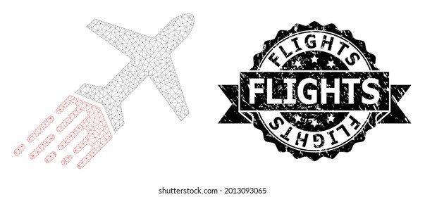 Flights scratched watermark and vector air liner mesh model. Black seal has Flights title inside ribbon and rosette. Abstract flat mesh air liner, built from flat mesh.
