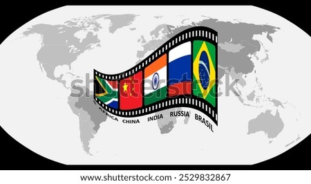 flim strip of brazil, russia, india, china and south africa with flag country on world map background for icon logo web graphic. vector illustration.