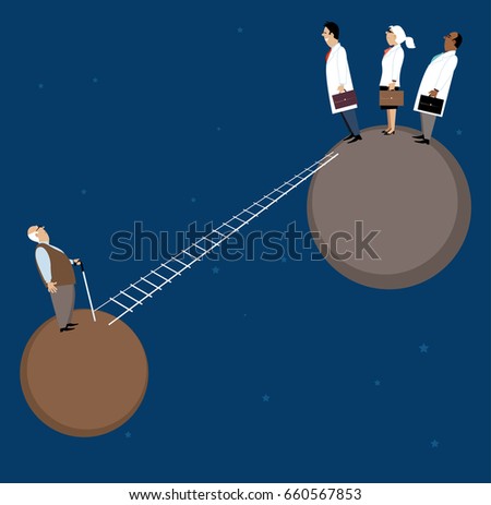Flimsy ladder connects two separate planets, doctors stand on the one and elderly patient on another, EPS 8 vector illustration