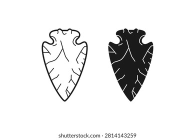 Flint arrowhead icon set. Ancient stone weapon spearhead outline and silhouette symbol isolated on white background