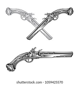 Flintlock. Crossed flintlock pistols. Pirates gun isolated on white background.  
Hand drawing illustration drawing in a vintage retro engraved style.