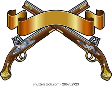 flintlock dueling pistols with banner