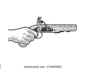 flintlock muff pistol in hand sketch engraving vector illustration. T-shirt apparel print design. Scratch board imitation. Black and white hand drawn image.