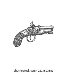 Flintlock Pistol Musket Revolver Handgun Isolated Duel Gun With Trigger Monochrome Sketch Icon. Vector Retro Blunderbuss Weapon Of Pirates And Cowboys, Ancient Shotgun Rifle With Gunpowder