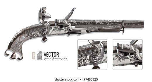 Flintlock pistol. Scottish flintlock pistol with the scroll or rams horn butt, vector illustration, contain clipping mask, eps-10