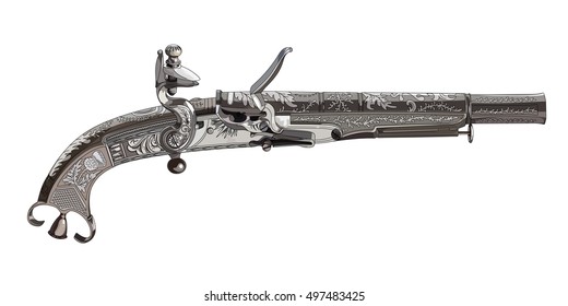 Flintlock pistol. Scottish flintlock pistol with the scroll or rams horn butt, isolated on white, vector illustration, eps-10