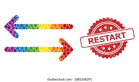 Flip arrows horizontally mosaic icon of circle blots in various sizes and LGBT colored color tints, and Restart grunge rosette seal print. A dotted LGBT-colored Flip arrows horizontally for lesbians,