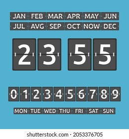 Flip board digits, time, months, weekdays set. Countdown or timetable. Flat design. Vector illustration. EPS 8, no gradients, no transparency