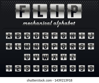 Flip board font set, mechanical display design. Vector flip alphabet illustration isolated on black background