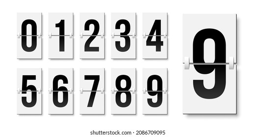 Flip board style numbers vector illustration. Airport terminal, arrival board with numbers template. Realistic flip scoreboard, analog timetable or countdown symbols. Flight destination display.