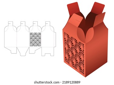 Flip chamfered packaging box with stenciled Japanese pattern die cut template and 3D mockup