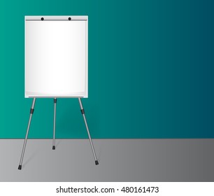 Flip Chart With A Blank Sheet Of Paper On A Tripod Near A Colored Wall In The Office.