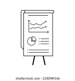 Flip chart with business data and business marketing statistics. Accounting, analysis, report presentation. Flat line chart icon with graphics on isolated background.
