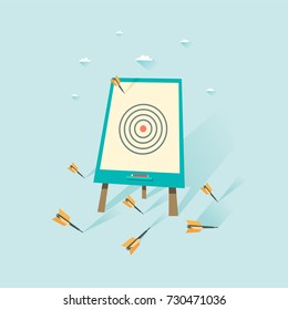 Flip chart with dart missing a target. Loser concept. Can be used for web, banner, diagram, infographic, workflow layout. Vector illustration in flat style